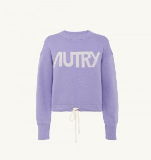 Purple Autry Boxy Fit Crew Neck Sweater Cotton Jacquard Logo | JOSGUZ075