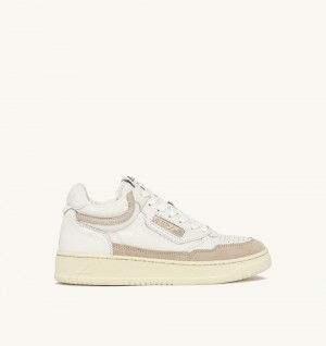 White / Beige Autry Open Mid Sneakers Leather Mesh Sand Suede | JCZTFR316