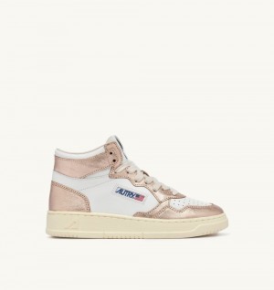 White / Pink Gold Autry Medalist Mid-top Bicolor Sneakers Leather | VQYXEC493