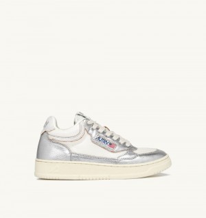 White / Silver Autry Open Mid Sneakers Mesh Tone Leather | HJVTOA325