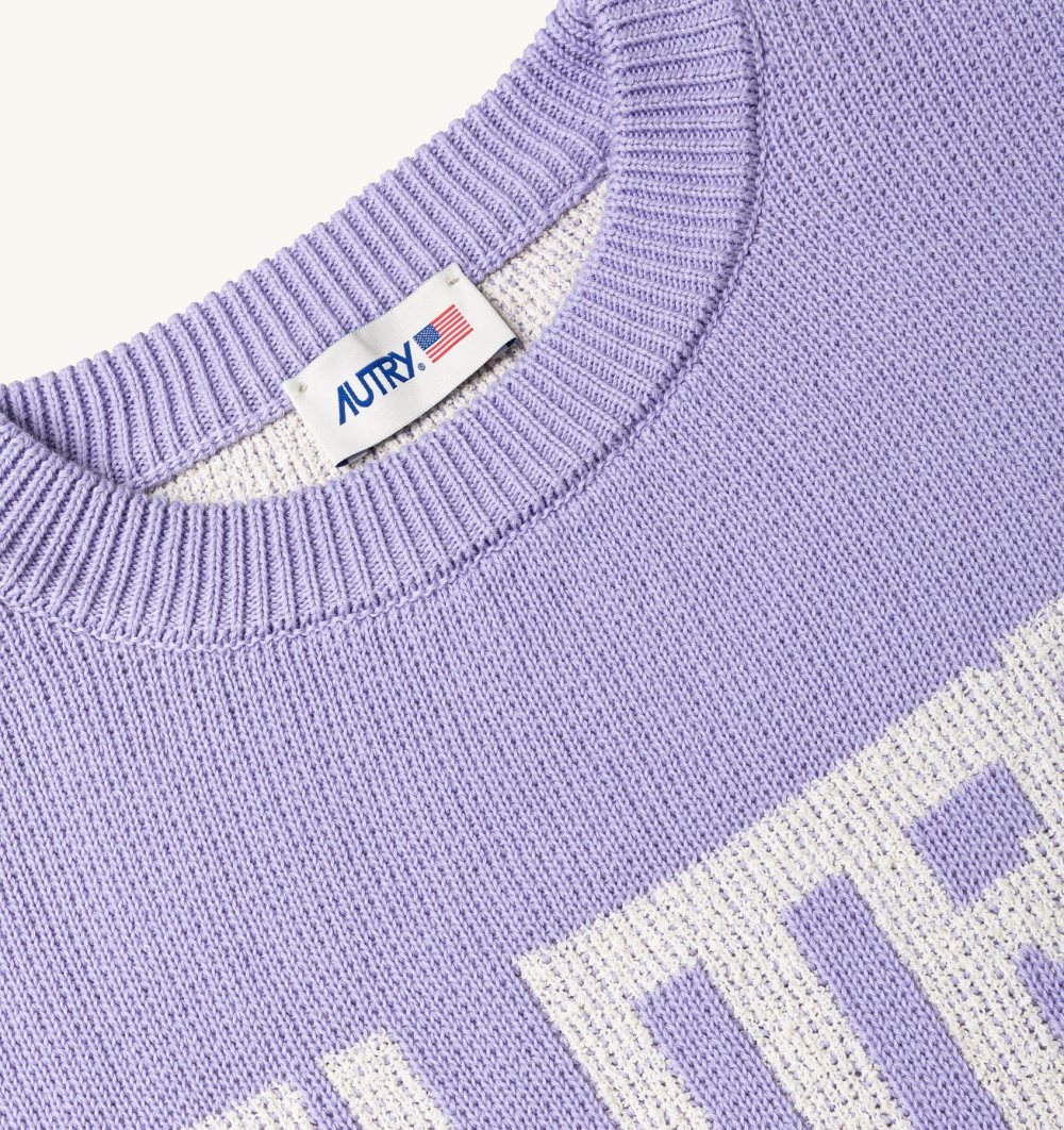 Purple Autry Boxy Fit Crew Neck Sweater Cotton Jacquard Logo | JOSGUZ075