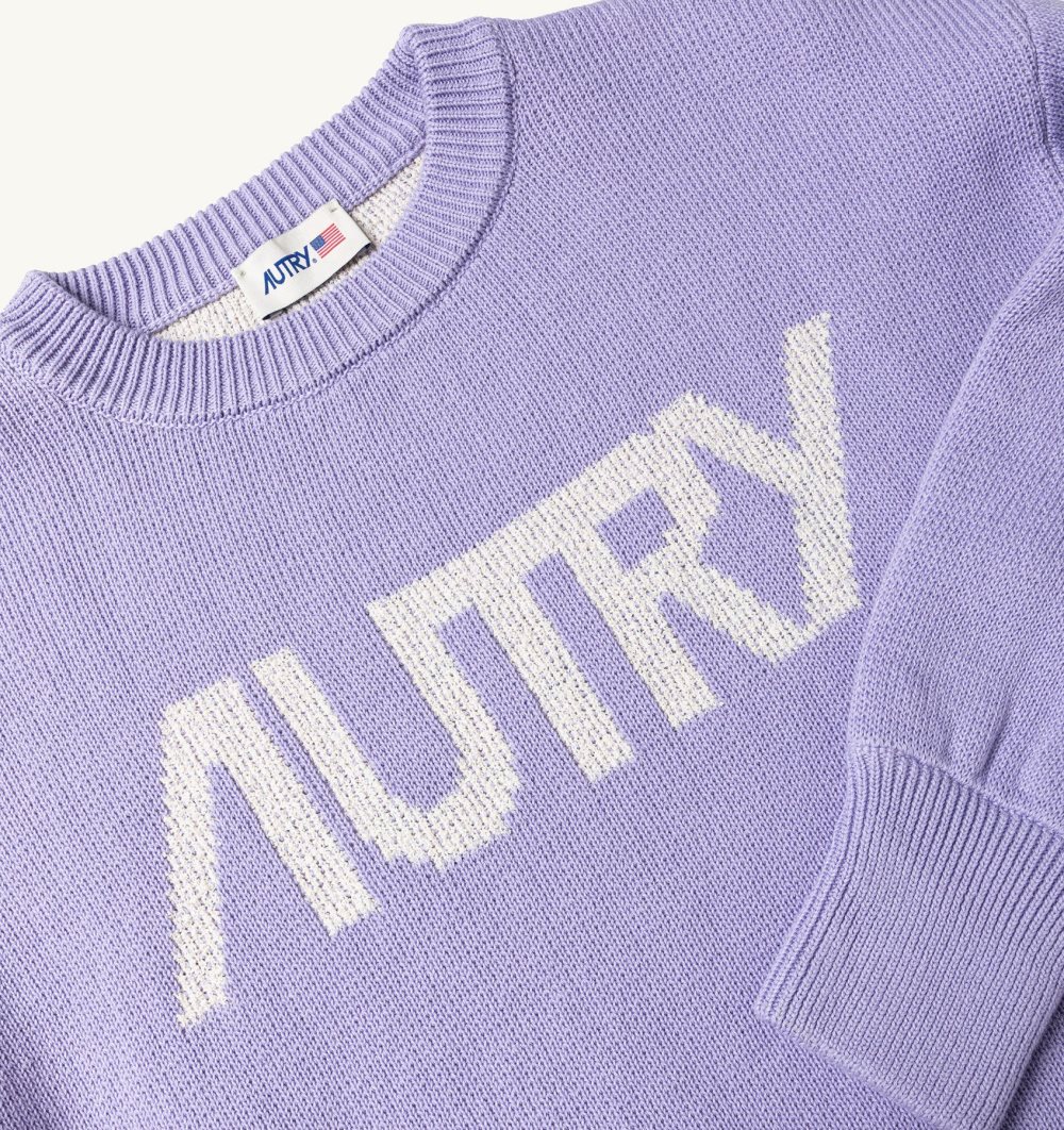 Purple Autry Boxy Fit Crew Neck Sweater Cotton Jacquard Logo | JOSGUZ075