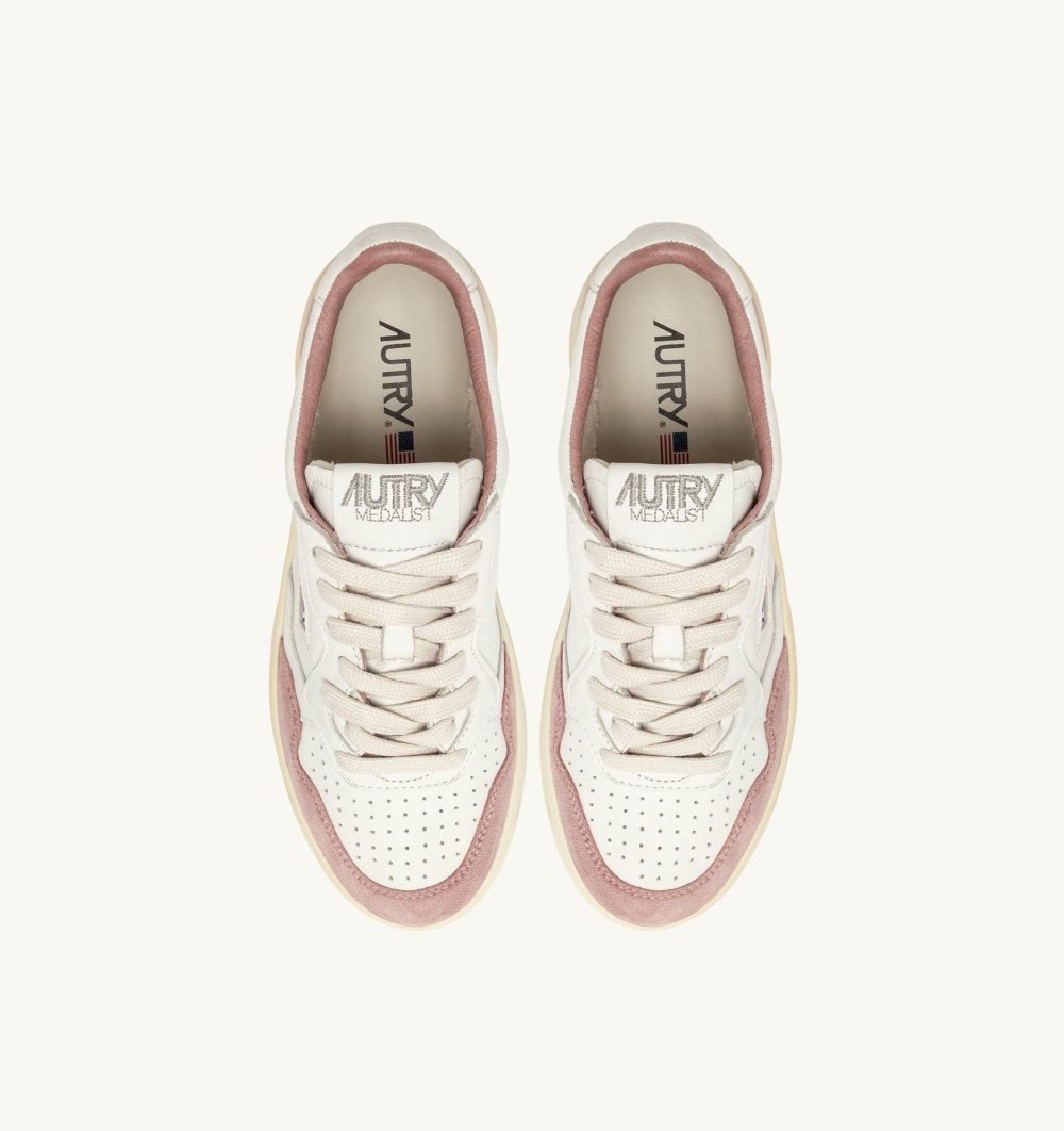 White / Pink Autry Medalist Low Sneakers Goatskin Suede | DLVCRU750