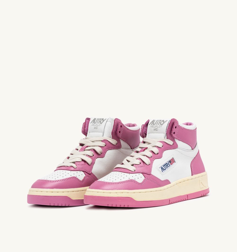 White / Pink Autry Medalist Mid Sneakers Bicolor Leather Mauve | KRMFIU918