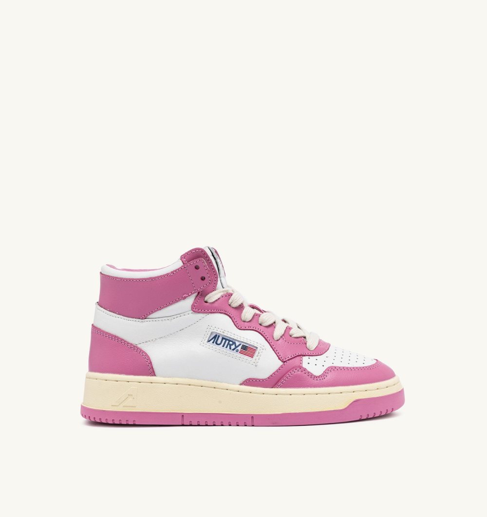 White / Pink Autry Medalist Mid Sneakers Bicolor Leather Mauve | KRMFIU918