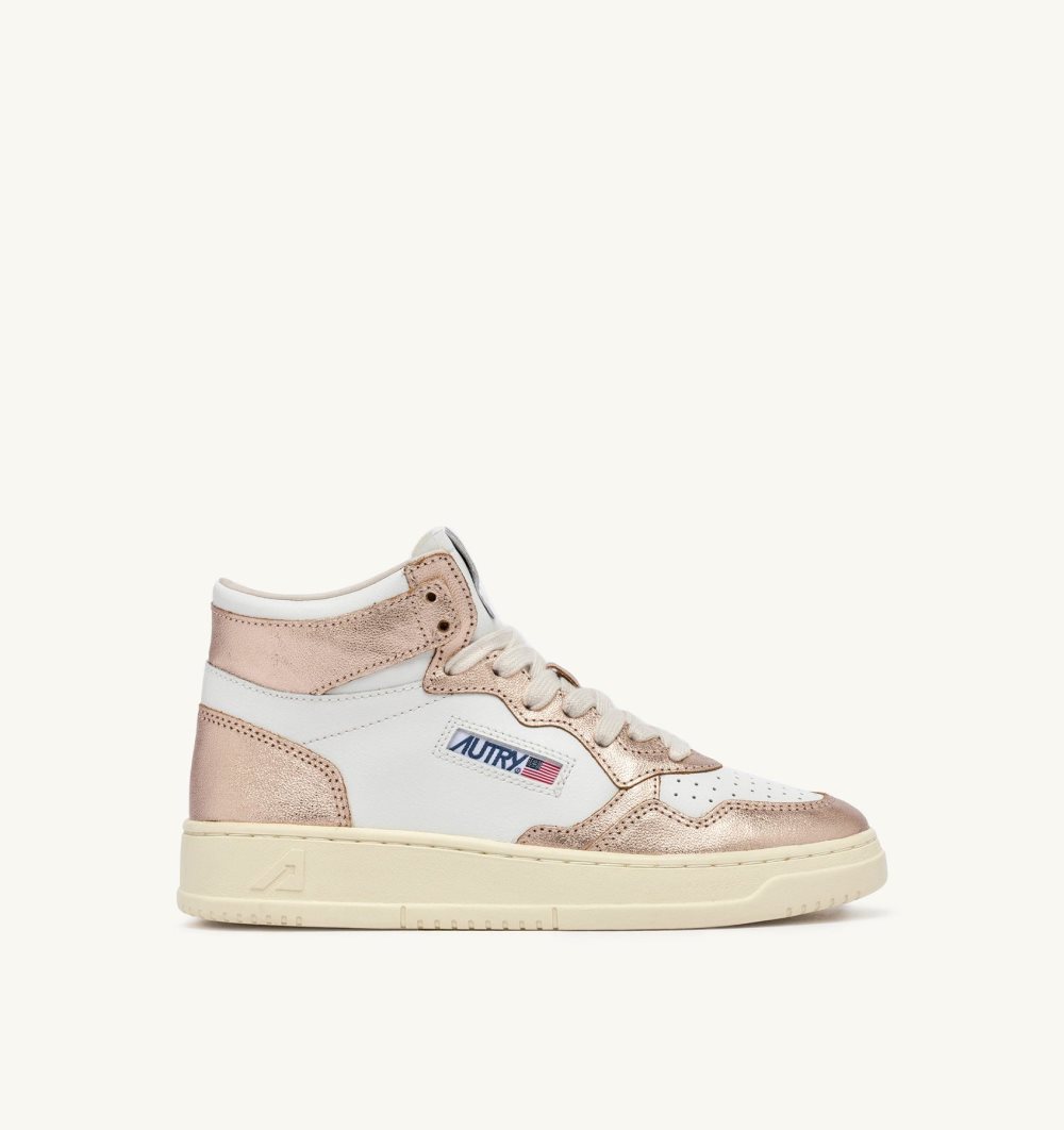 White / Pink Gold Autry Medalist Mid-top Bicolor Sneakers Leather | VQYXEC493